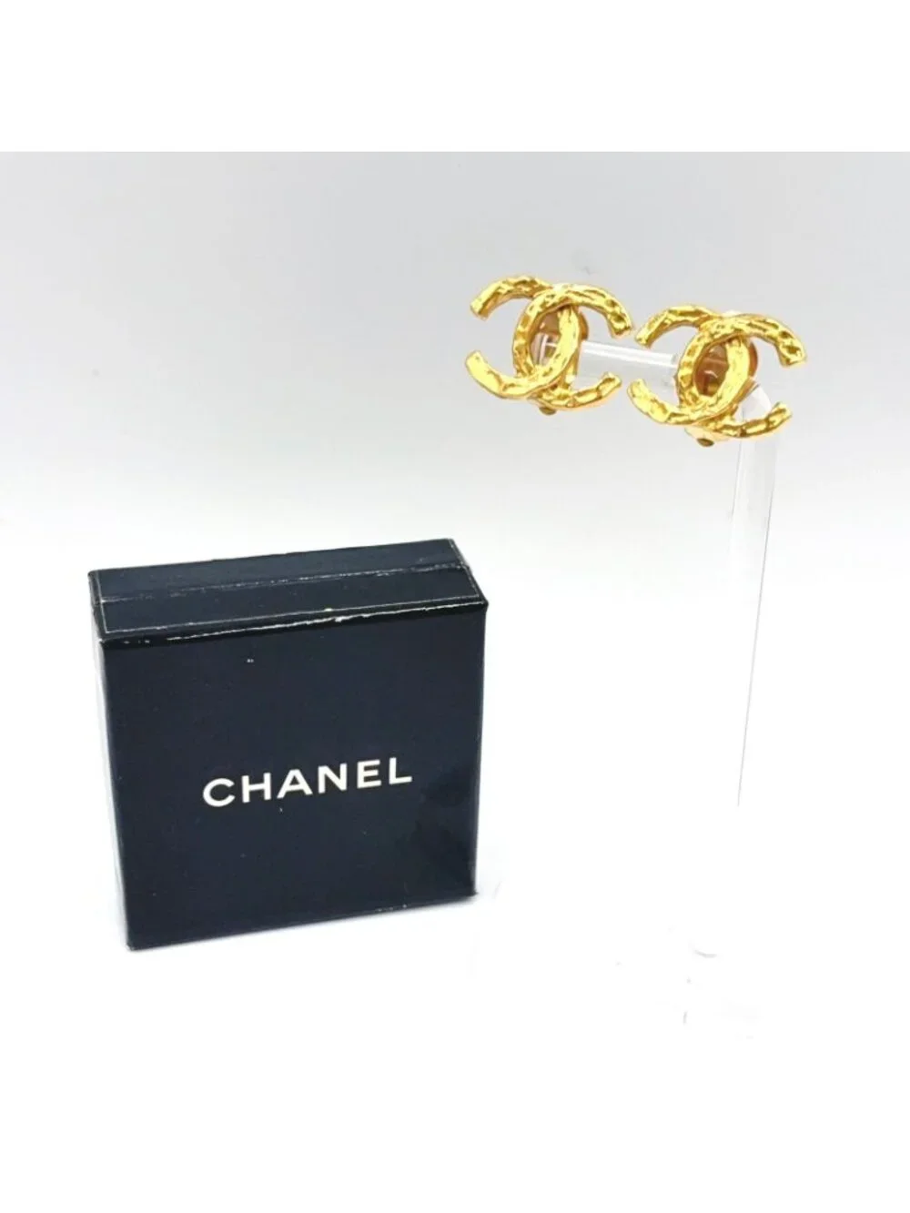 Chanel CC Logo Texture Gold Plated Earrings